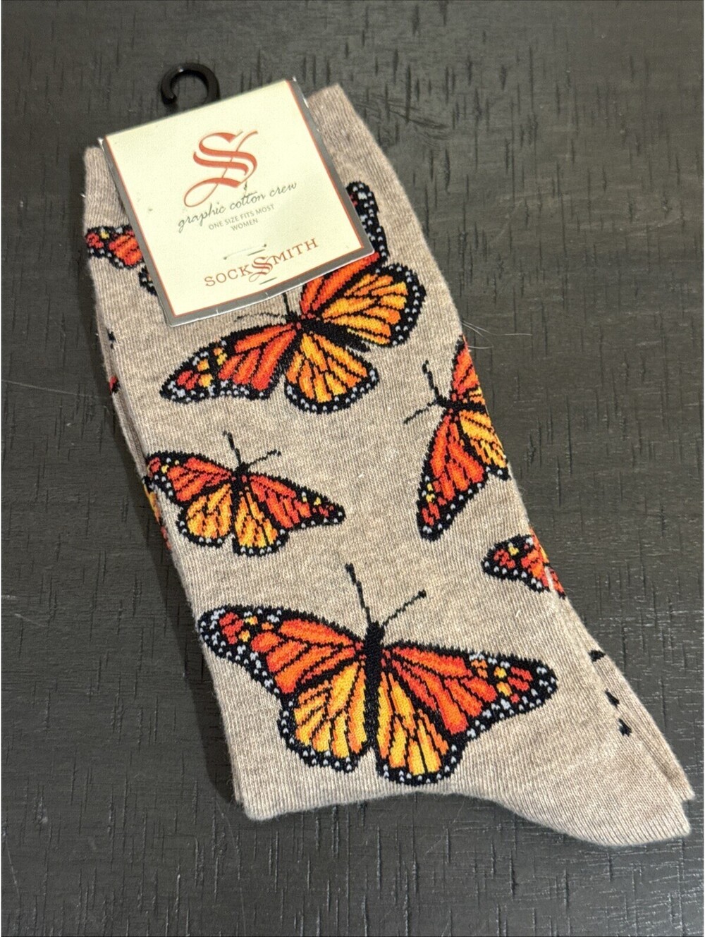 Socksmith Womens Monarch Butterfly Crew Socks Hemp Heather Size 6-10.5 NWT